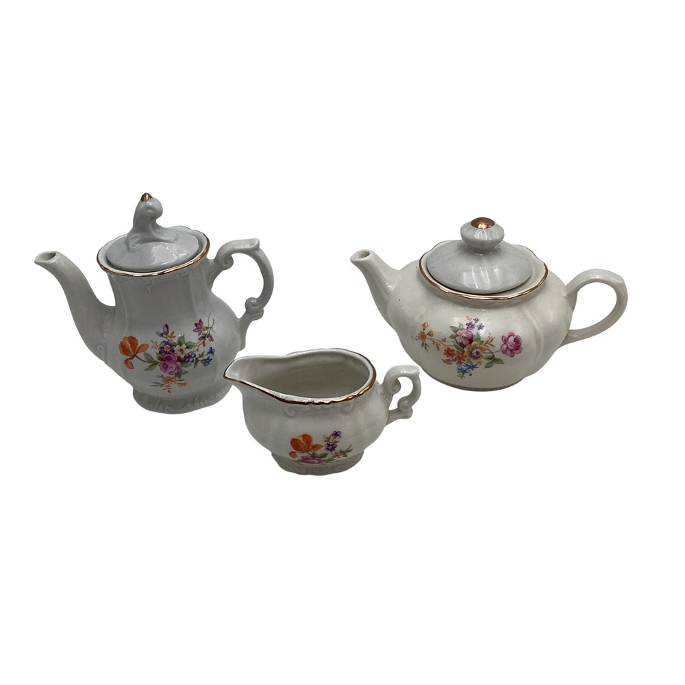 Vintage Miniature Porcelain‎ Tea Set Floral Gold Trim Teapot Coffee Pot Creamer
